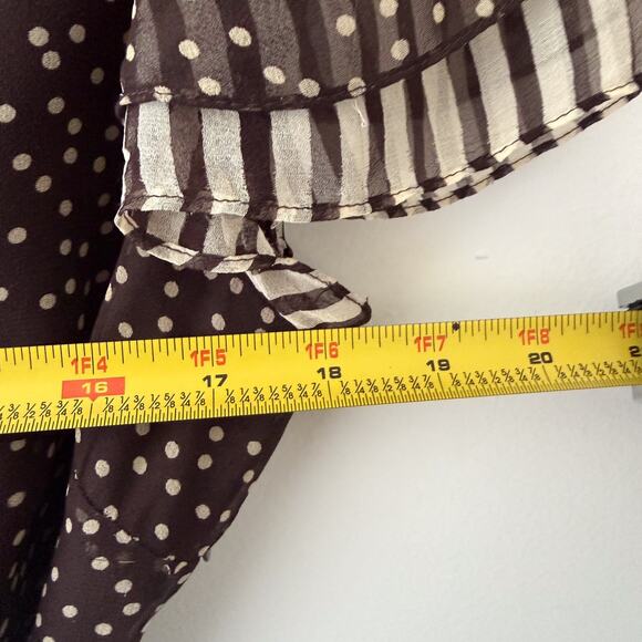 Adrianna Papell Silk Faux Wrap Dress Brown Polka Dot Pleated Sleeves Size 10 - Picture 9 of 10